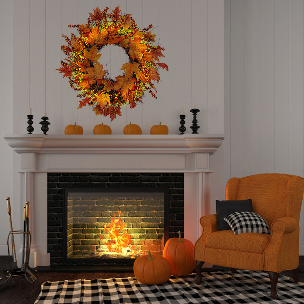 Living and Home Rattan LED Wreath with Maple Leaves Twigs and Berries 45cm Image 7