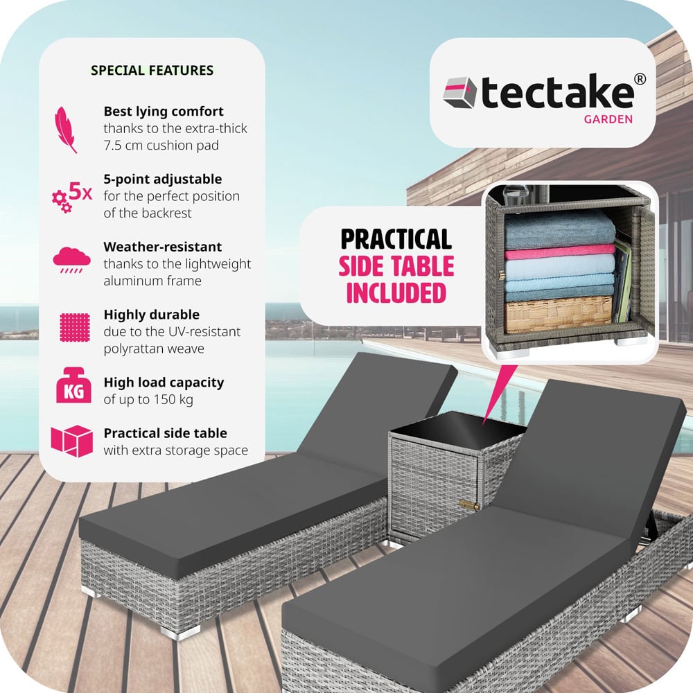 tectake Set of 2 Light Grey Sun Lounger Image 3
