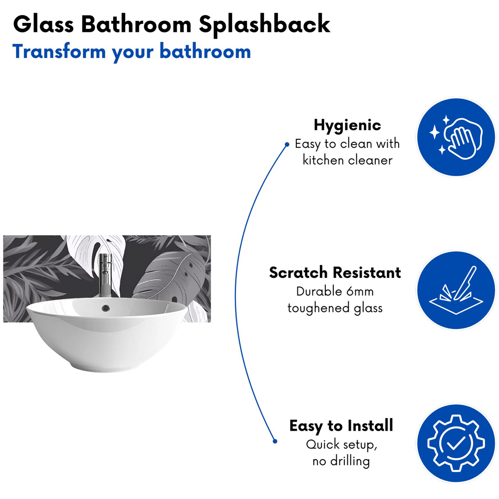 Warren Reed Designer Black White Tropical Leaves Glass Bathroom Splashback 25 x 60cm Image 4