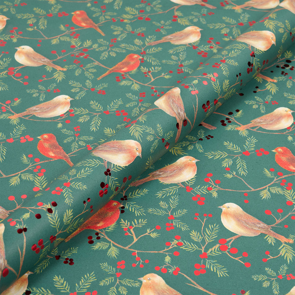 Festive Bird Holly Gift Wrapping Paper Image 2