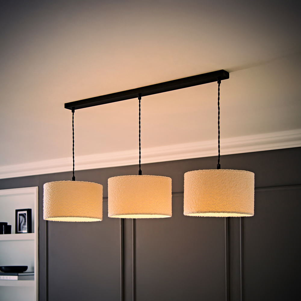 ValueLights Reni Cream Boucle Drum Shade 3 Drop Bar Black Diner LED Ceiling Light Image 6