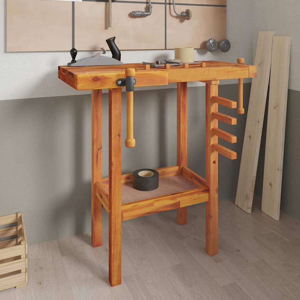 Wallplus Solid Wood Acacia Workbench with Vices Stopper Pieces and Wooden Rods Image 2