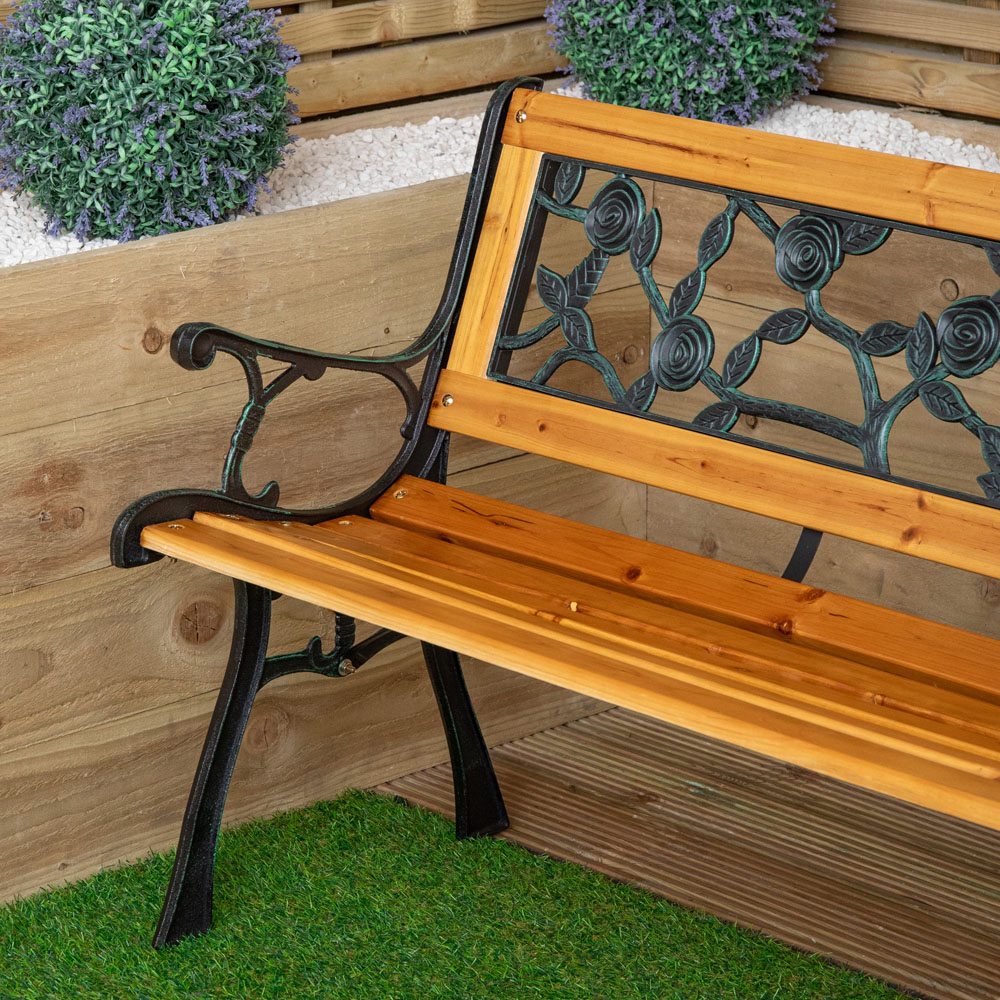 Samuel Alexander 2 Seater Rose Design Wooden and Cast Iron Garden Bench Image 3