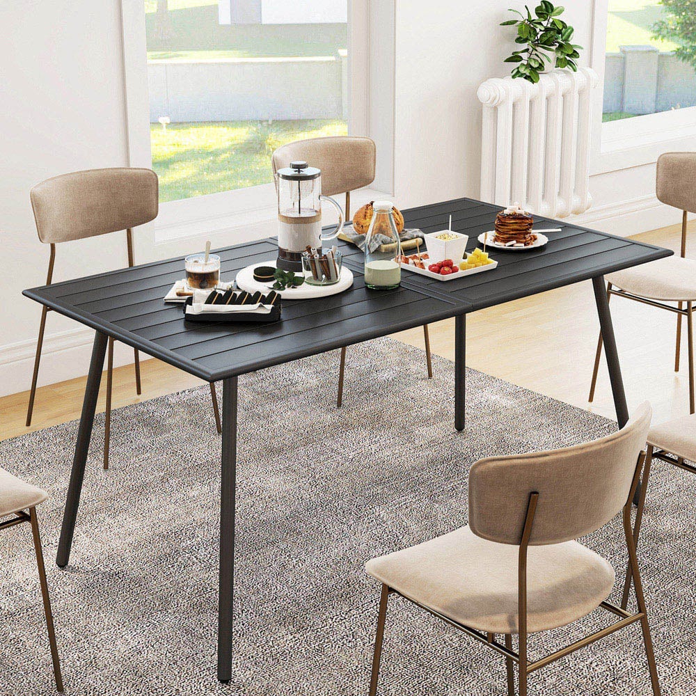 Outsunny 6 Seater Slate Top Steel Garden Dining Table Black Image 4