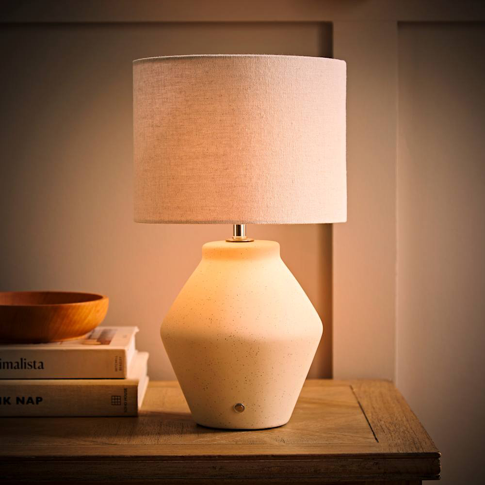 ValueLights Finn Cream Ceramic Rechargeable Table Lamp with Linen Shade Image 2