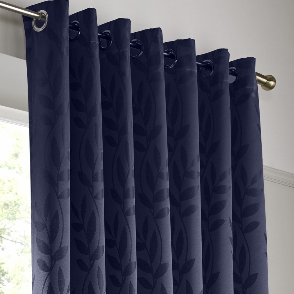 Alan Symonds Dupion Navy Blue Leaf Jacquard Ring Top Eyelet Curtains 229 x 183cm Image 2