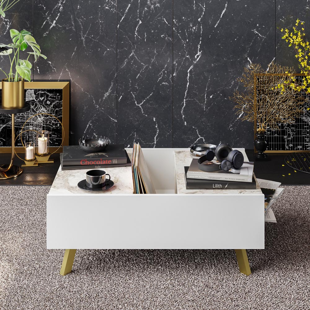Decorotika Frida 3 Shelf White Marble and Gold Modern Coffee Table Image 4