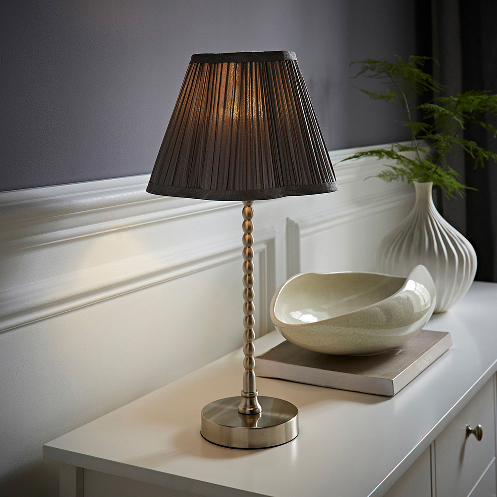ValueLights Maeve Dark Grey Pleat Faux Silk Scallop Shade Chrome Bobbin LED Table Lamp Image 6