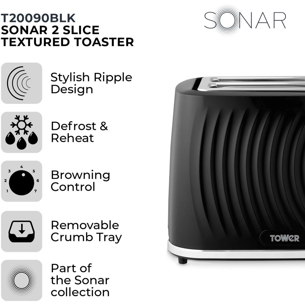 Tower Sonar T20090BLK Black 2 Slice Toaster Image 8