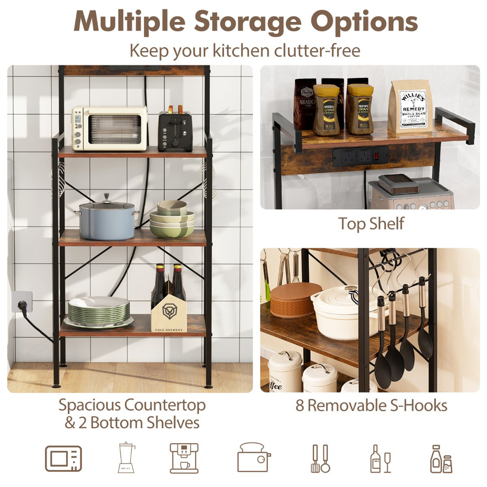 Costway 4 Tier Rustic Brown Kitchen Bakers Rack with Power Outlet and S Hooks Image 6
