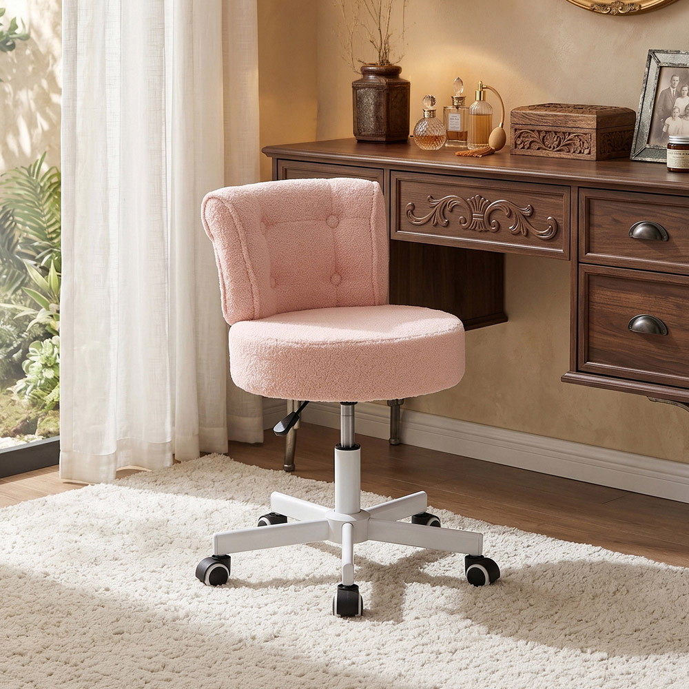 Living and Home Pink Teddy Fleece Button Tufted Vanity Chair with Castors Image 8