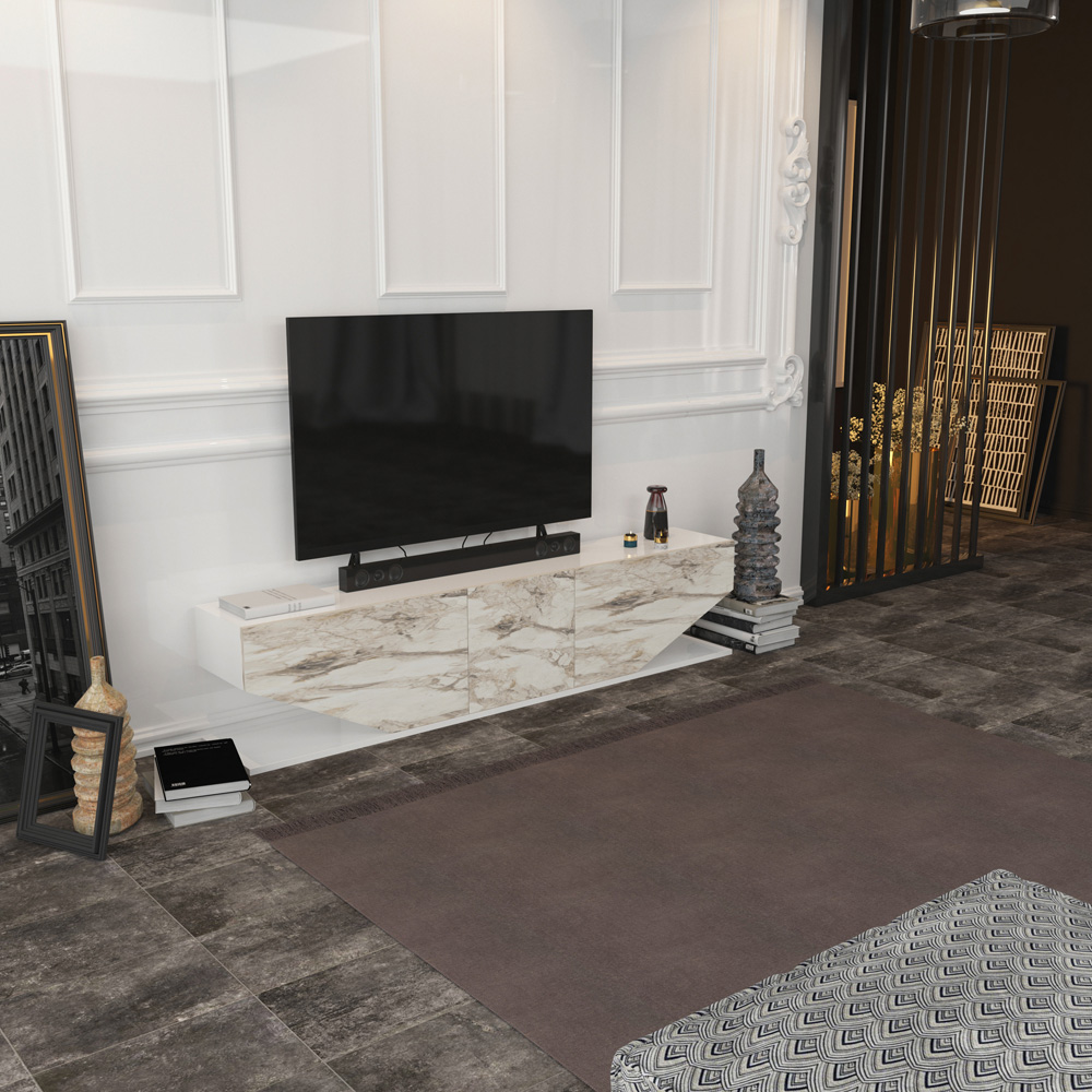 Decorotika Pearl 3 Door 2 Shelf White and White Marble Effect Modern TV Unit Image 8