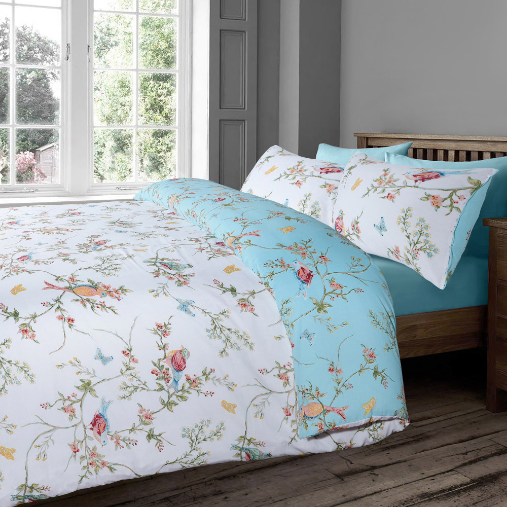 Velosso EasyCare Super King Size Green Birds Floral Reversible Duvet Set Image 3