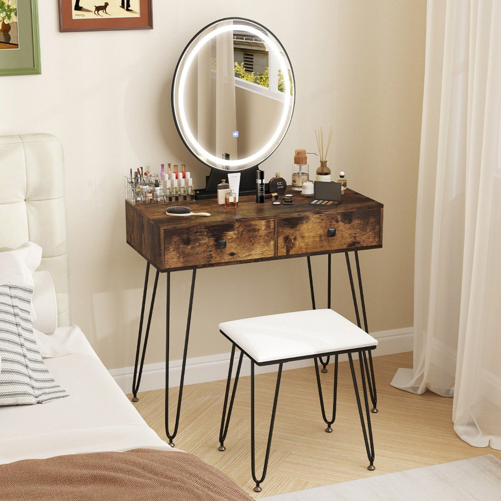 Costway Rustic Brown Vanity Desk Set with LED Mirror and Cushioned Stool Image 4