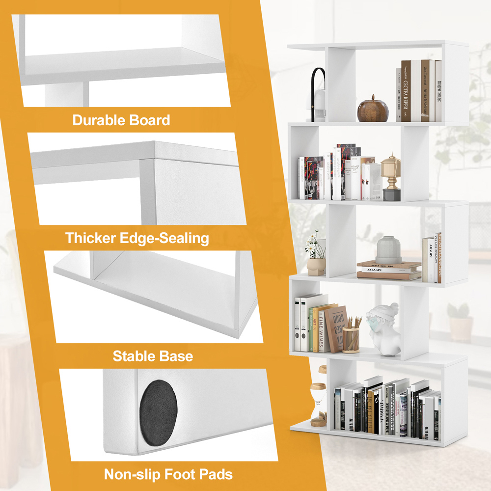 Costway 5 Shelf White S Shaped Bookcase Image 6