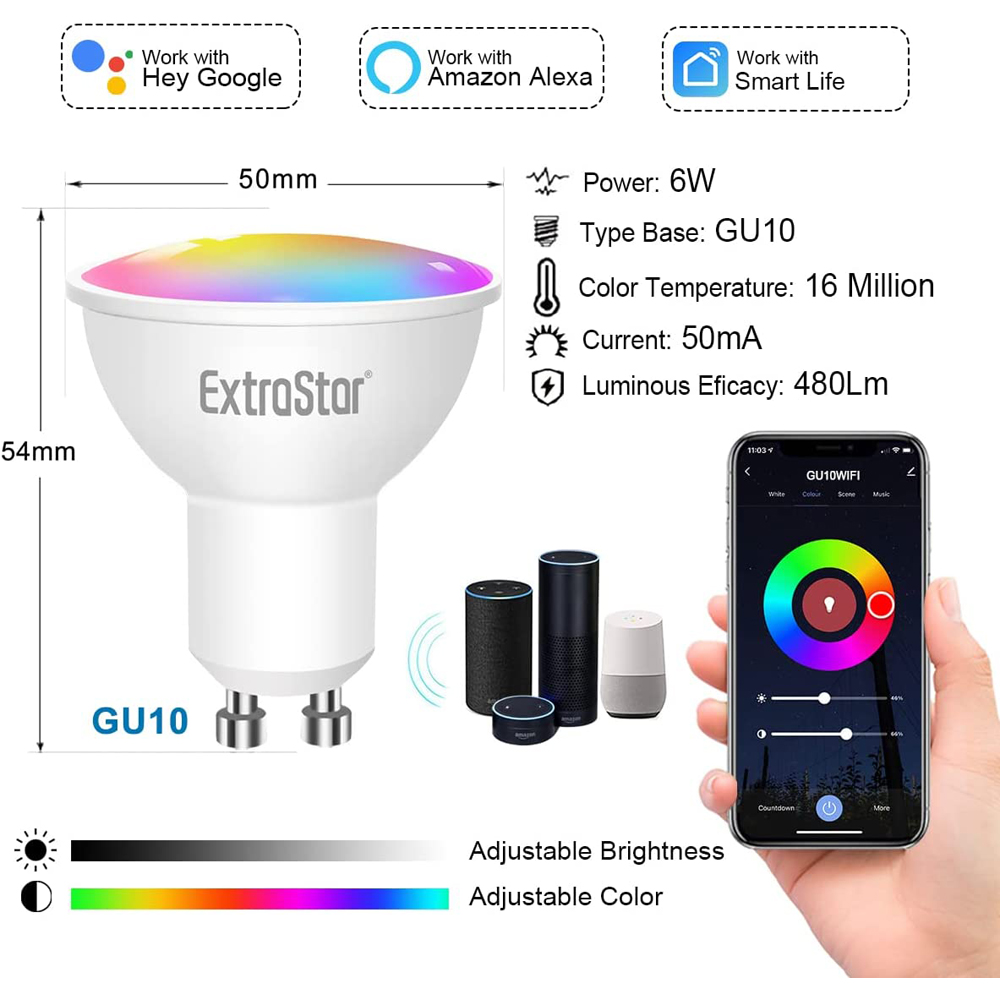 ExtraStar 2 Pack GU10 6W Smart WiFi RGB LED Light Bulb Image 2