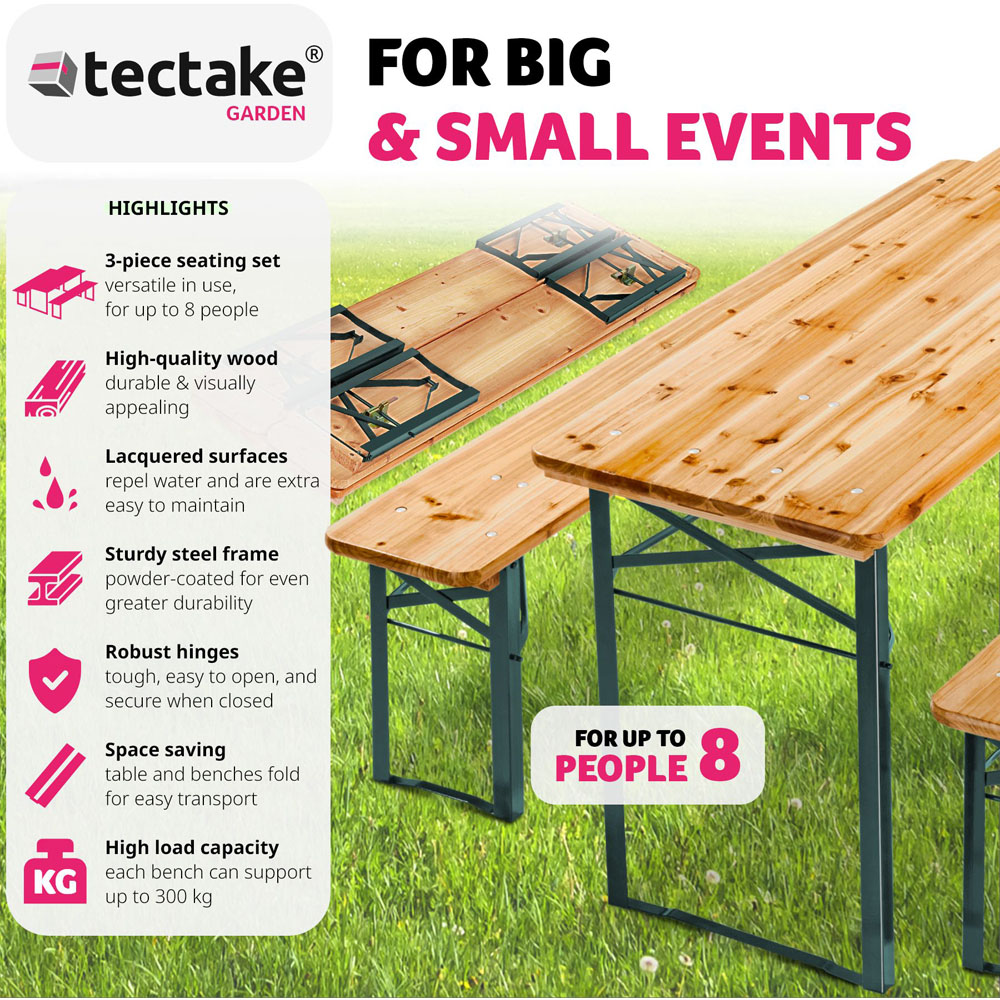 tectake 8 Seater Folding Dining Table with Bench Set Brown Image 3