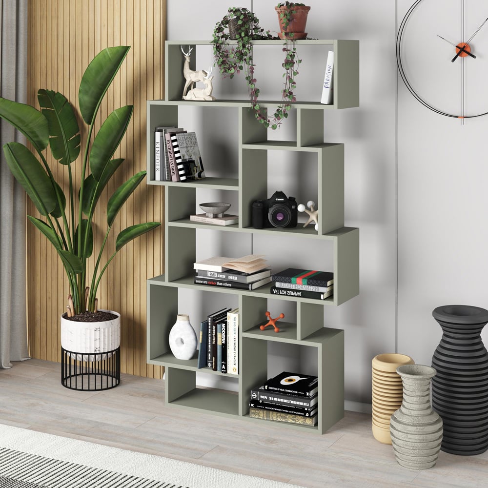 Decortie Karmato 10 Shelf Ash Green Asymmetric Tall Freestanding Bookcase Image 5