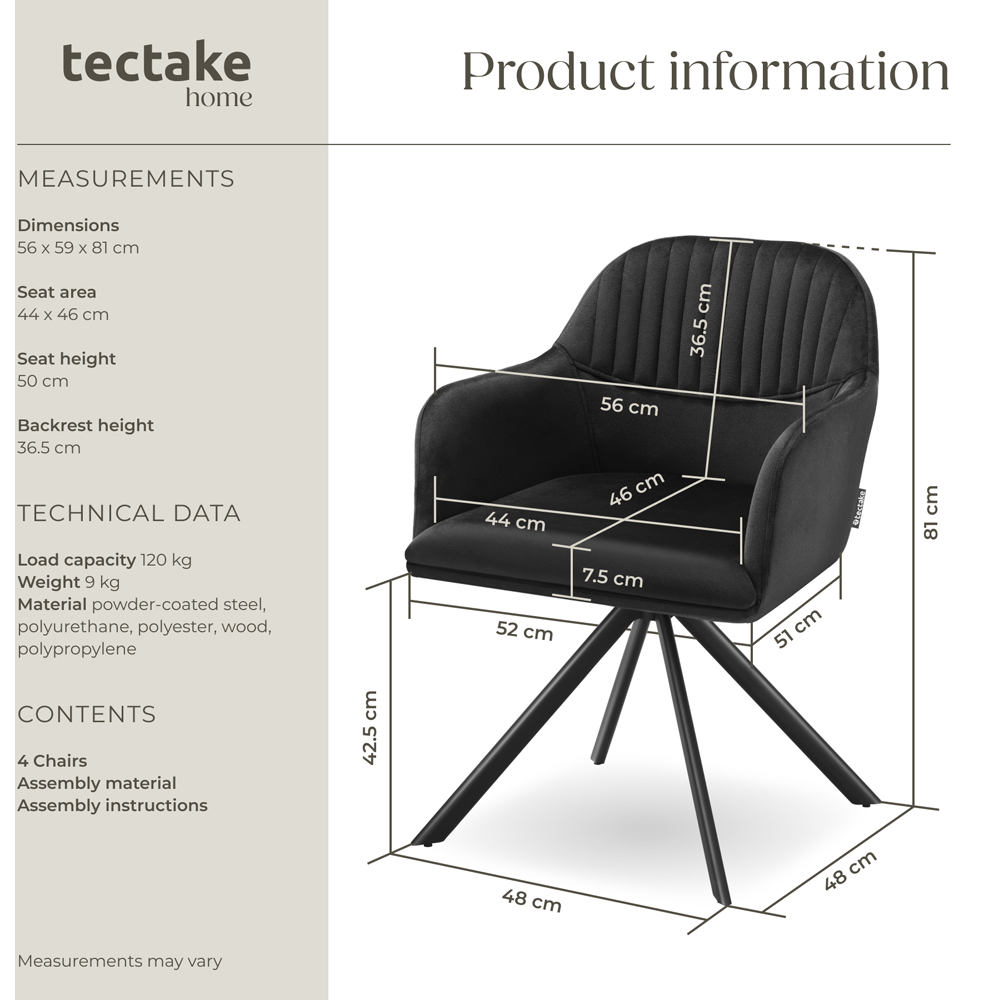 tectake Lona Set of 4 Black Velvet Upholstered Swivel Armchair Image 9