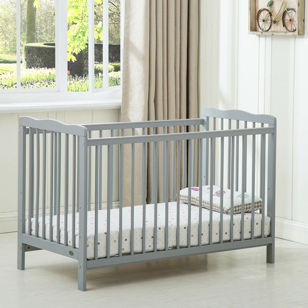 wilko Brooklyn Grey Height Adjustable Wooden Baby Cot Crib with Mattress Image 2