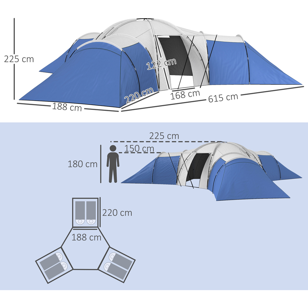 Outsunny 6-9 Person Tunnel Tent with 3 Bedroom and Porch Blue Image 3