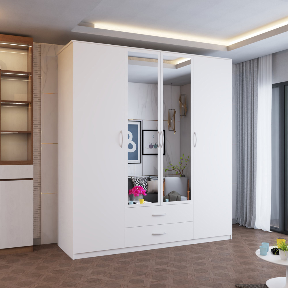Sliding Wardrobes 4U London 4 Door 2 Drawer White Hinged Central Mirrored Wardrobe 171cm Image 5