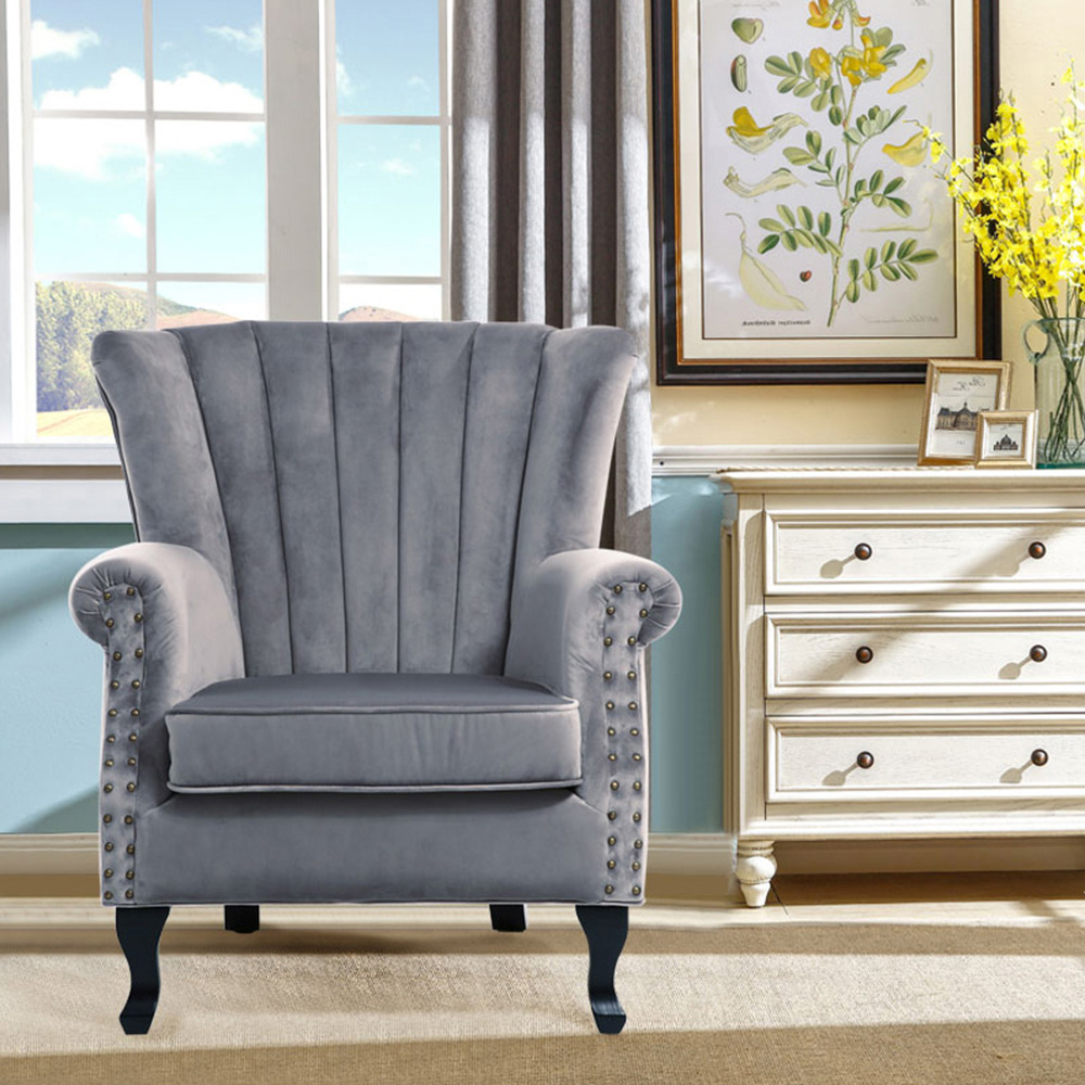 Living and Home Vintage Grey Velvet Wingback Armchair Image 5