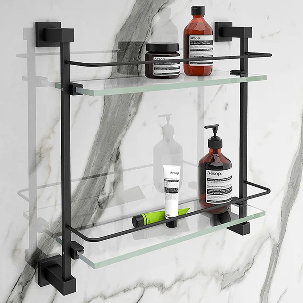Nes Home 2 Shelf Clear Glass Bathroom Rack with Matte Black Brackets Image 2
