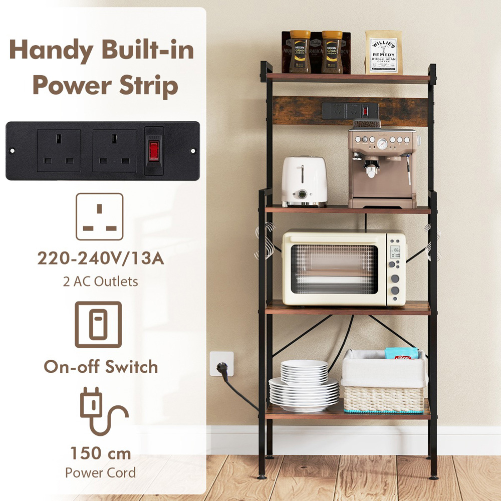 Costway 4 Tier Rustic Brown Kitchen Bakers Rack with Power Outlet and S Hooks Image 5