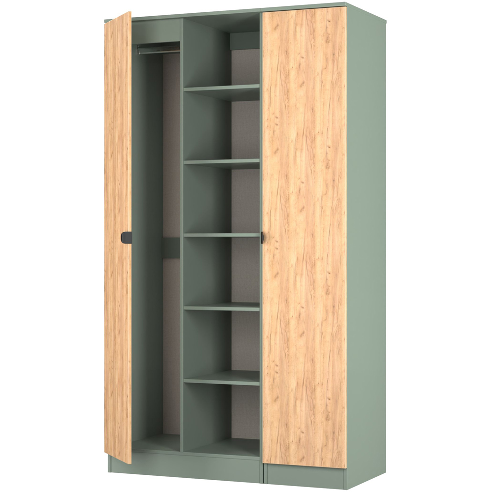 Crowndale Bora 2 Door 6 Shelf Gold Oak and Reed Green Triple Wardrobe Image 6