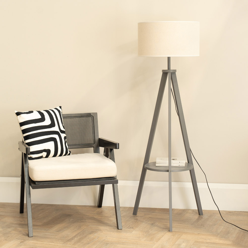 ValueLights Morrigan Black Edge Drum Shade Grey Wood Tripod LED Floor Lamp Image 3