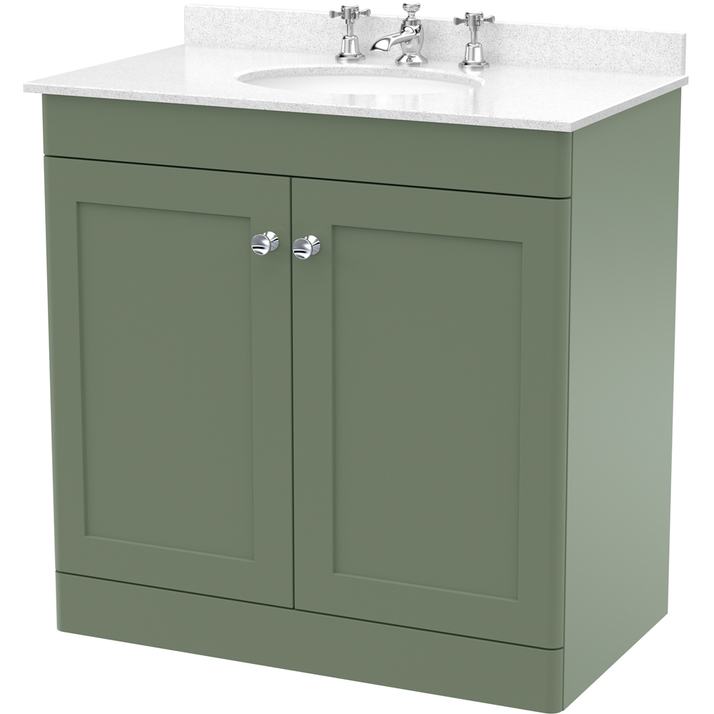 nuie Classique 2 Door Satin Green and White Floor Standing Unit and 3 Tap Hole Marble Basin 800mm Image 1