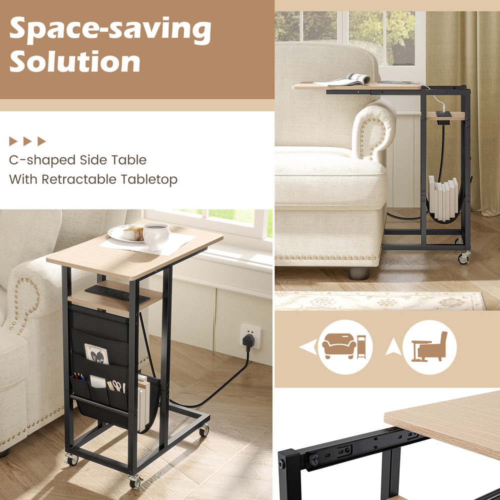 Costway Natural C Shaped End Table Rolling with Charging Station and Retractable Tabletop Image 5