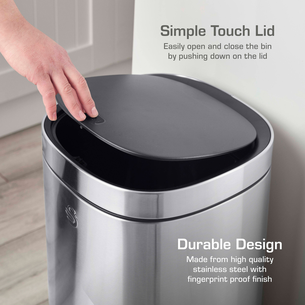 Swan Silver Stainless Steel Square Touch Bin 50L Image 4