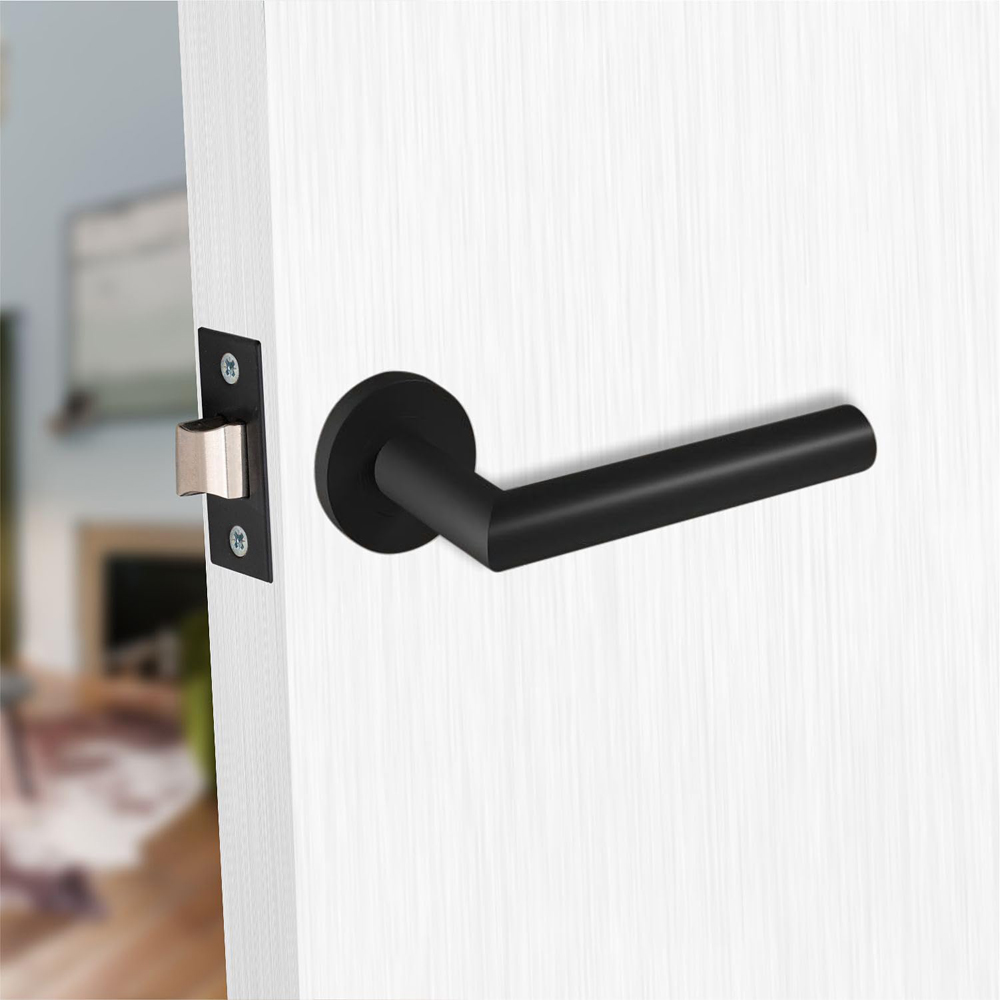 Golden Grace Mitred Matt Black Door Handle Pair with Tubular Latch 52mm Image 2