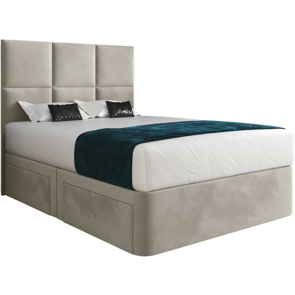 Caprio Silver Small Double Upholstered Divan Bed Frame with Floorstanding Cube Headboard Image 2