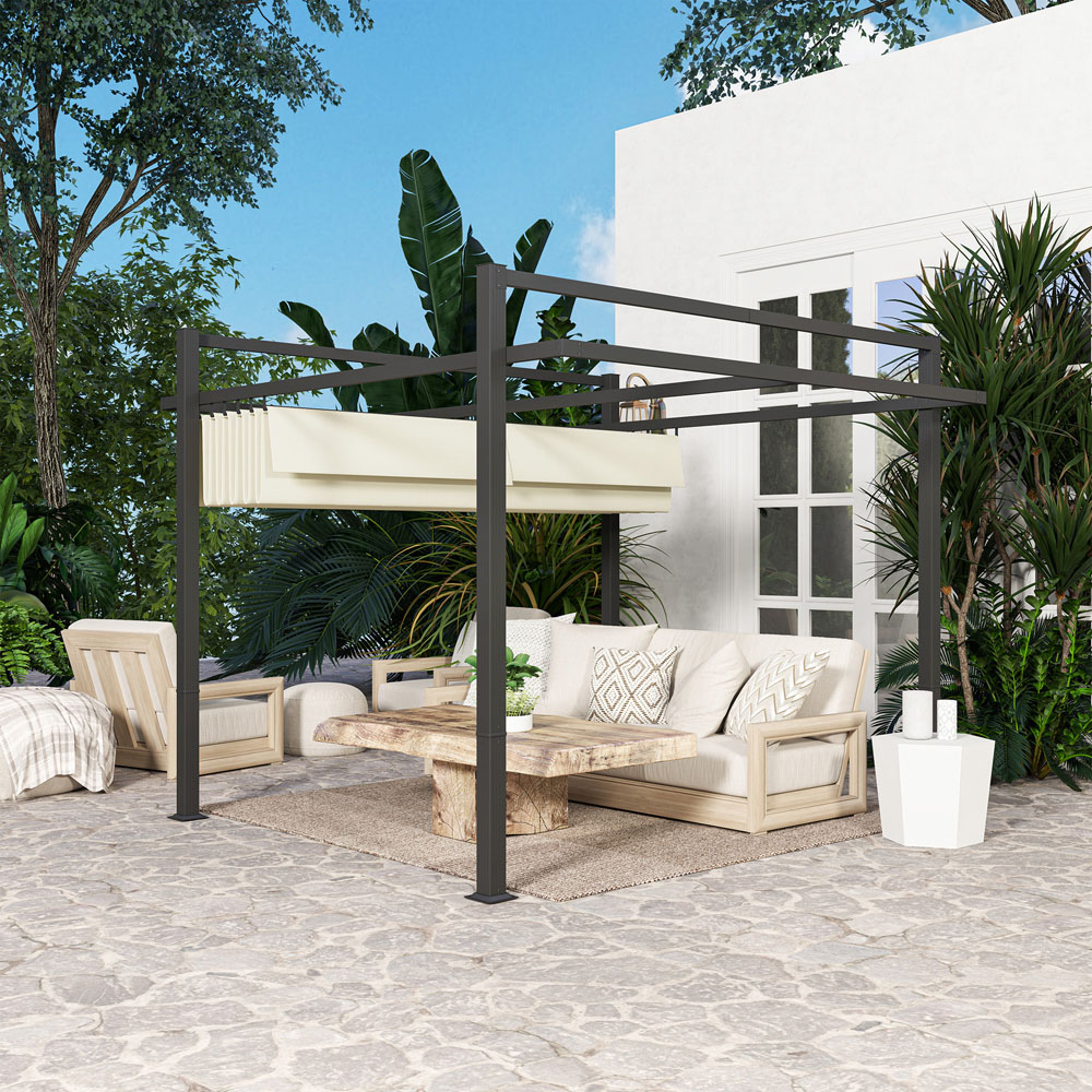 Outsunny 3 x 3m Khaki Aluminium Frame Pergola with Retractable Roof Image 4