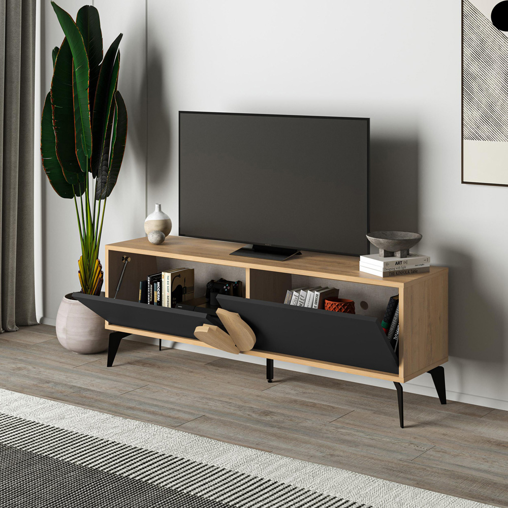Decortie Gora 2 Door Oak and Silky Black TV Unit with Circle Handle Image 5