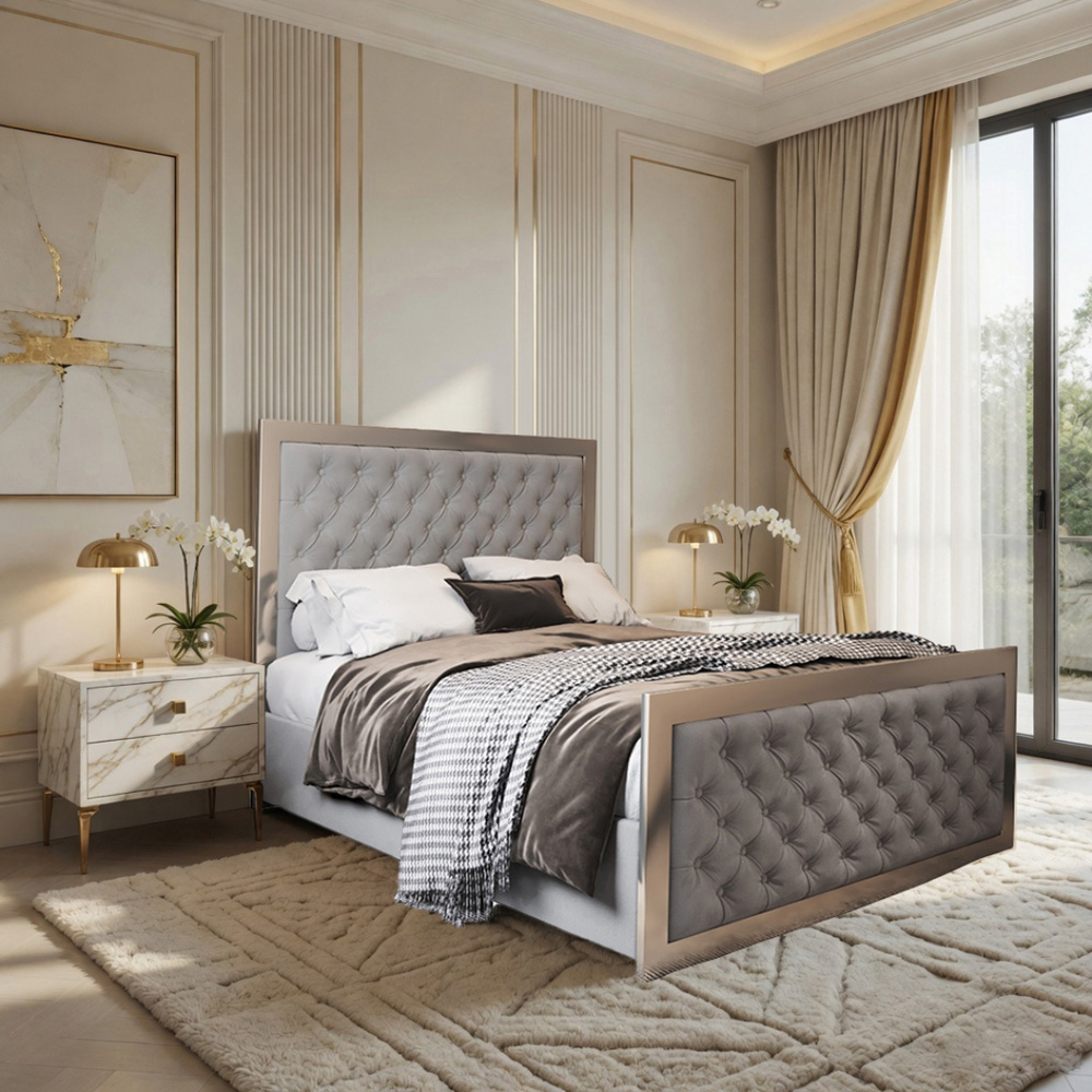 Maddison Grey Small Double Velvet Upholstered Metal Bed Frame with Padded Headboard Image 5