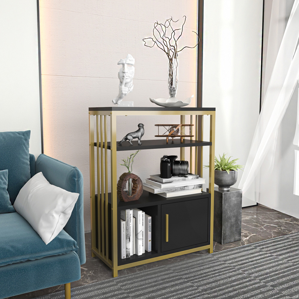 Decorotika Letos Single Door 3 Shelf Anthracite and Gold Bookshelf Image 4