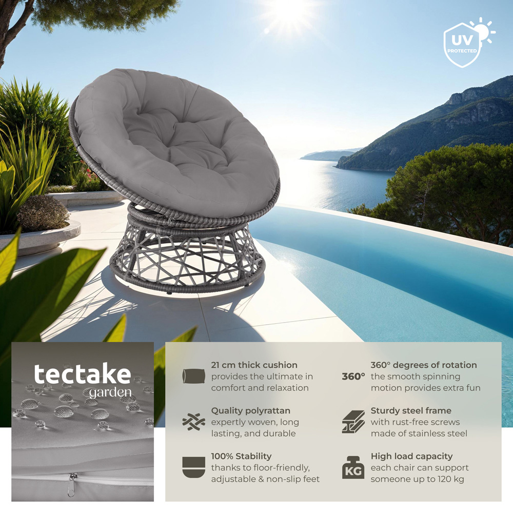 tectake Gargano Grey Polyrattan Rattan Rotatable Garden Chair with Round Cushion Image 6