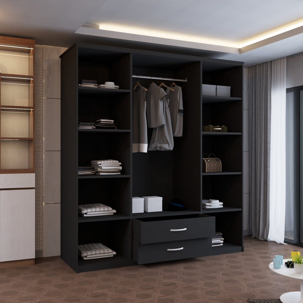 Sliding Wardrobes 4U London 4 Door 2 Drawer Black Hinged Central Mirrored Wardrobe 171cm Image 4