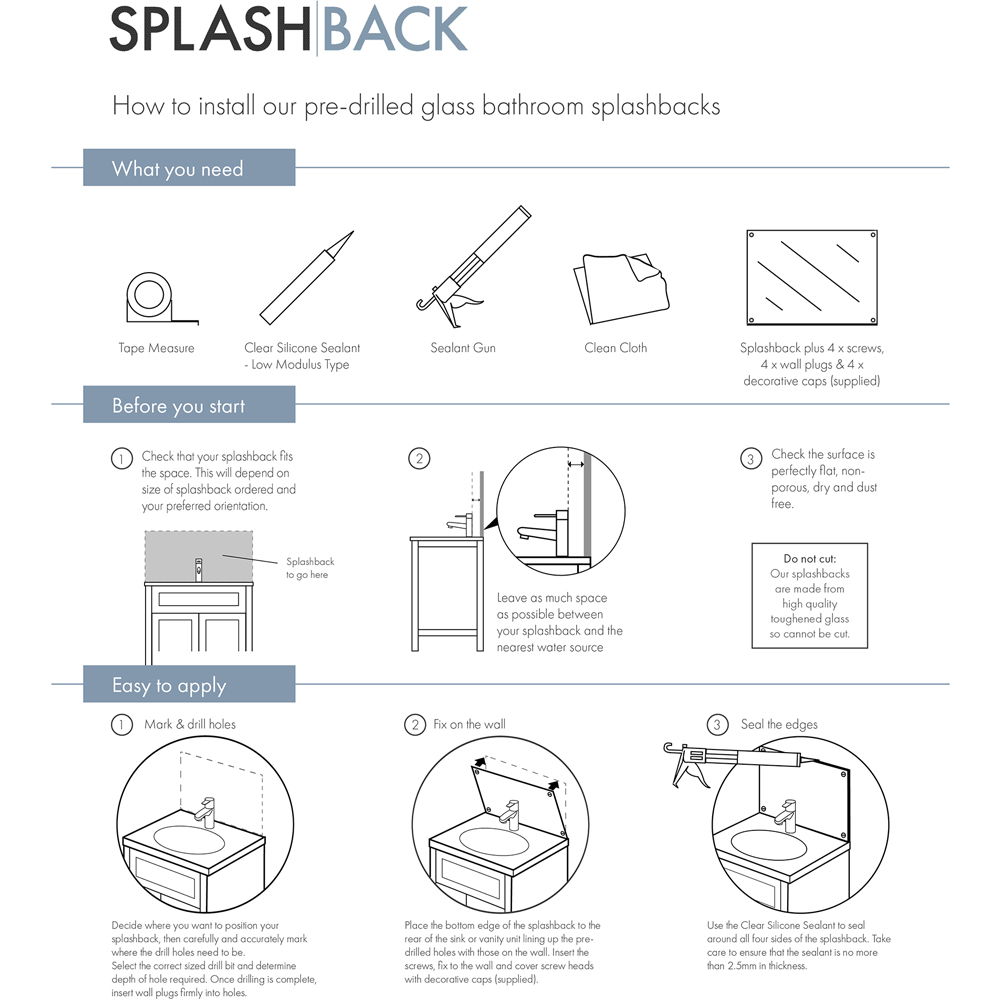 Splashback Crystal Clear Toughened Glass Bathroom Splashback with Satin Chrome Caps 250 x 500mm Image 6