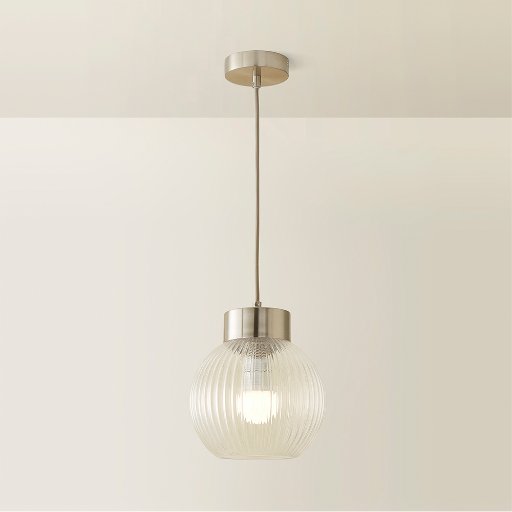ValueLights Maddison Ribbed Glass Shade Brushed Chrome Capped LED Ceiling Pendant Light Image 5