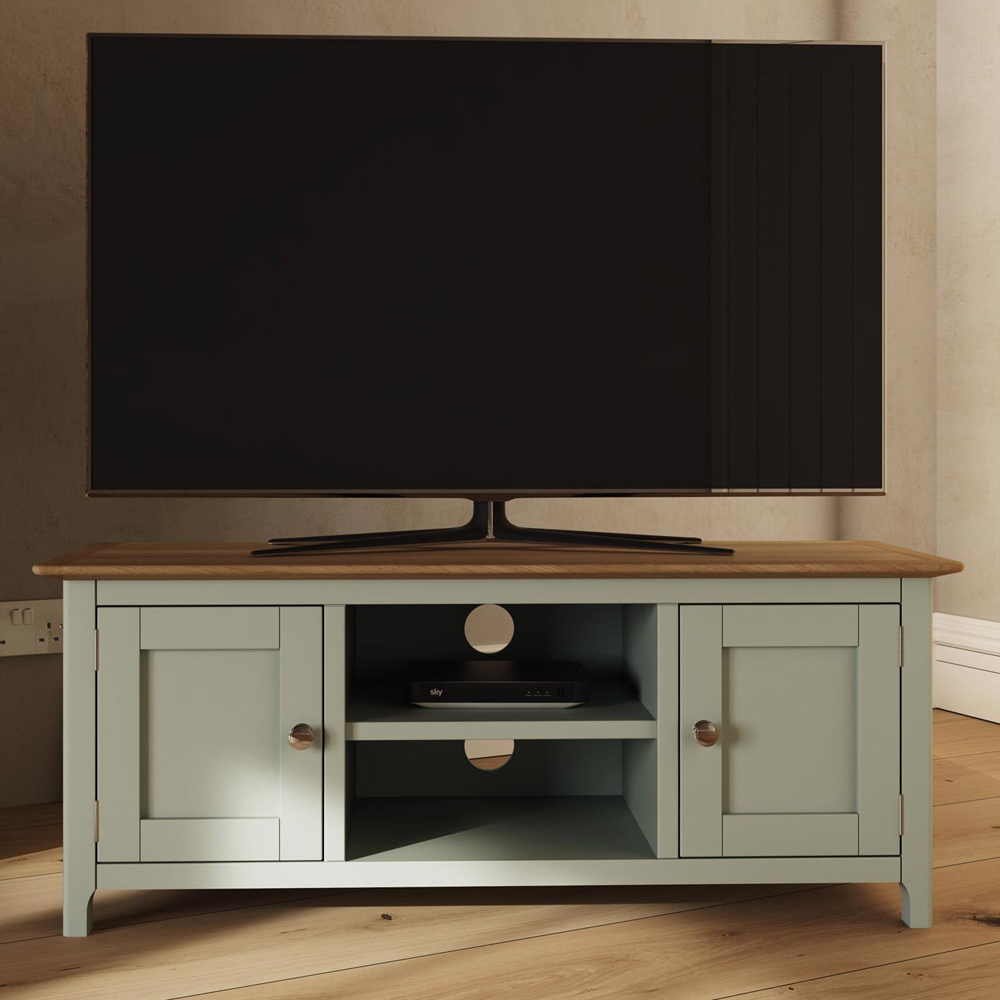 FWStyle Taberno 2 Door 2 Shelf Sage Green and Oak Wide TV Unit Image 7