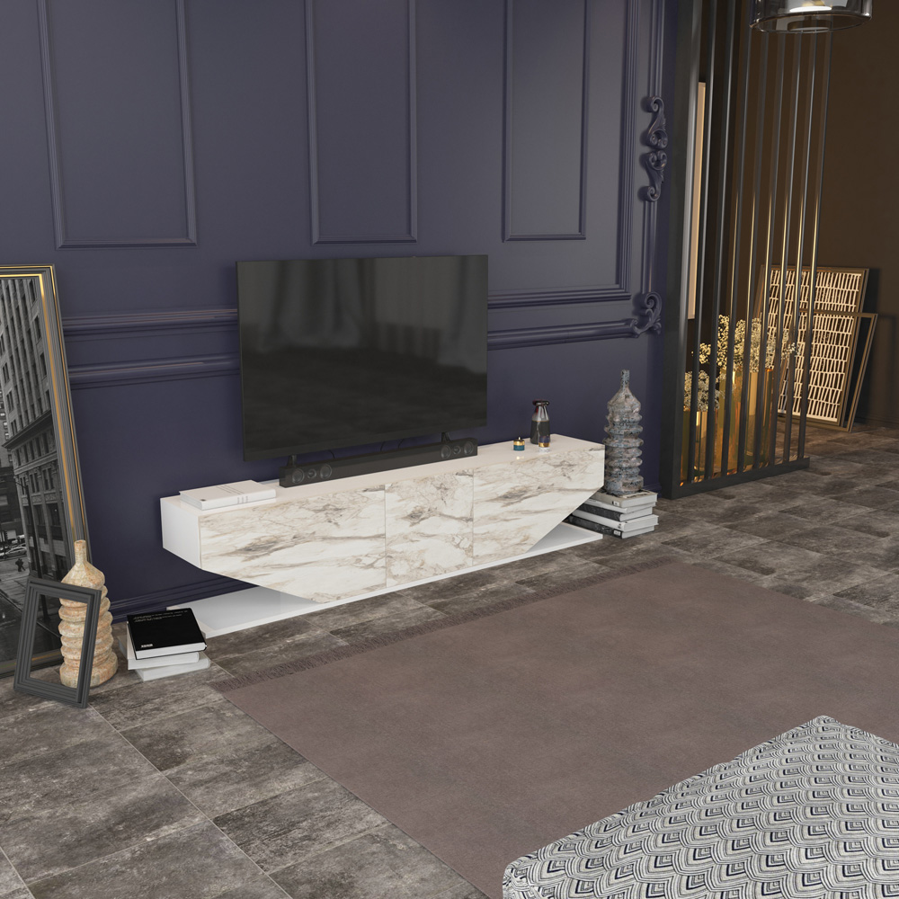 Decorotika Pearl 3 Door 2 Shelf White and White Marble Effect Modern TV Unit Image 5