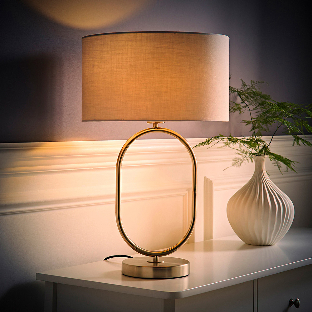 ValueLights Antonia Grey Fabric Drum Lamp Shade Brushed Chrome Oval LED Table Lamp Image 2