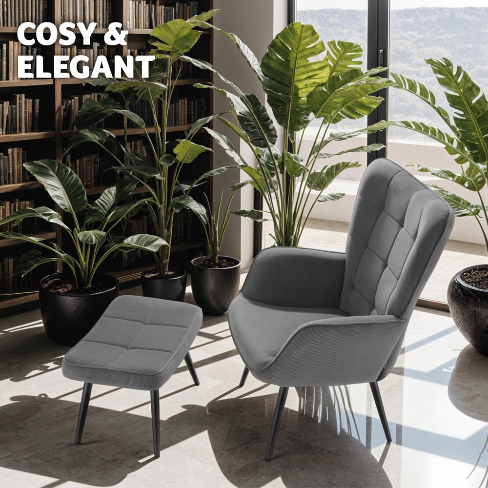 tectake Hygge Fine Corduroy Anthracite and Black Armchair with Stool Image 8