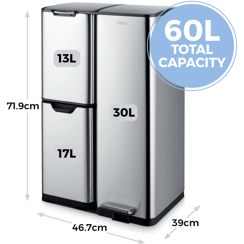 Tower Silver Carbon Steel Triple Recycling Pedal Bin 60L Image 8
