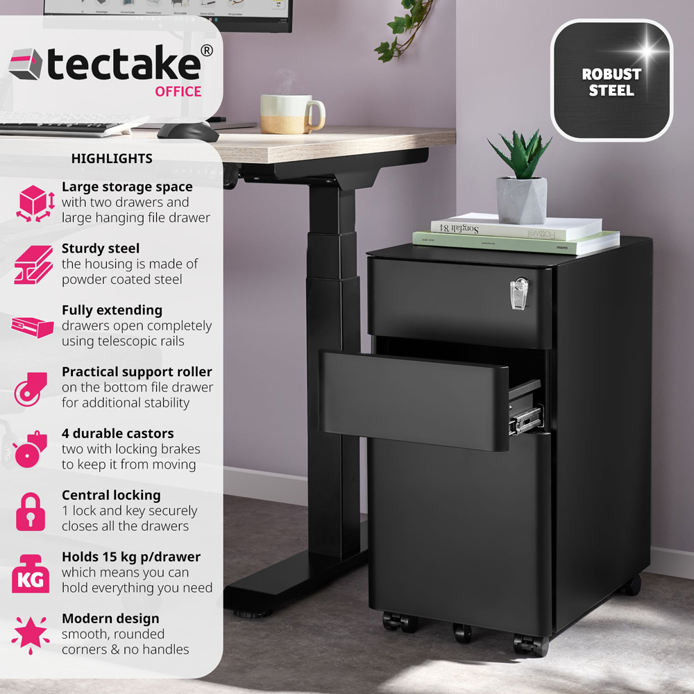 tectake Parvus 3 Drawer Black Lockable Filing Cabinet Image 5